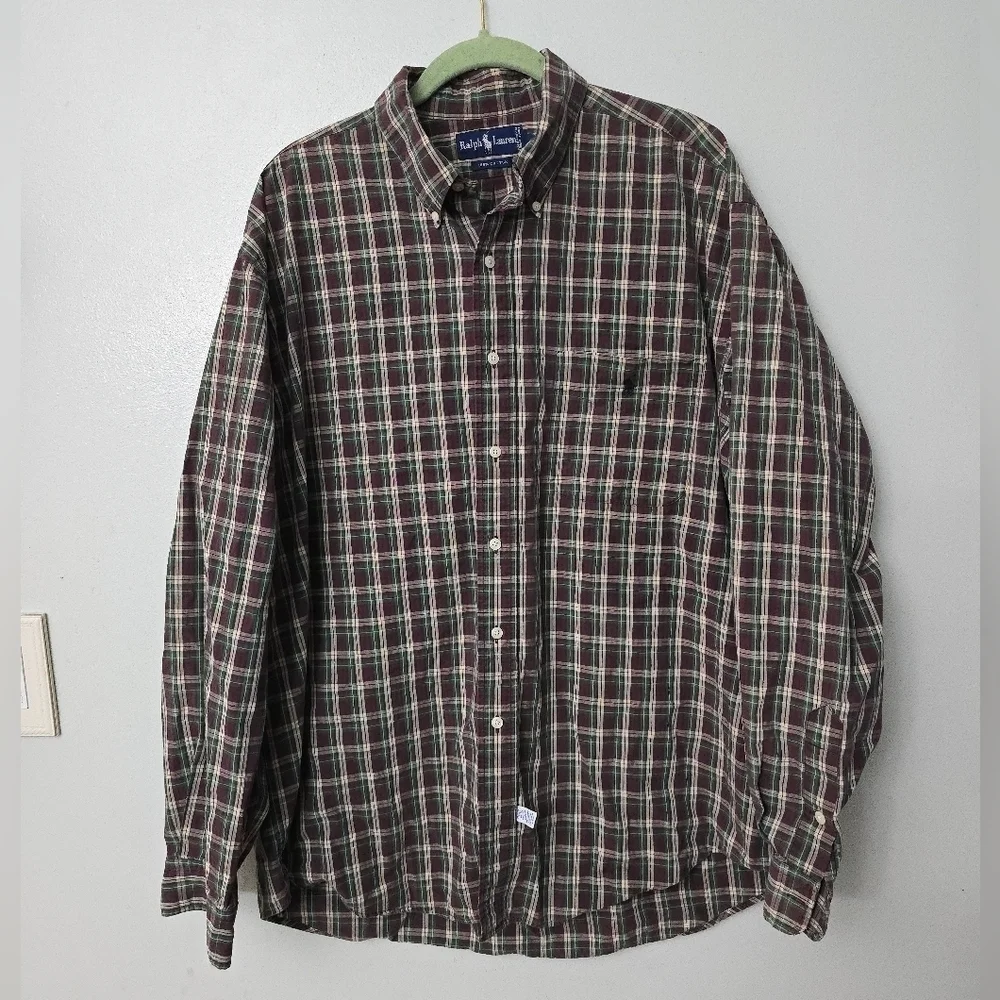 Ralph Lauren Men’s Green/Red Plaid Long Sleeve Flannel Shirt XL Cotton Vtg